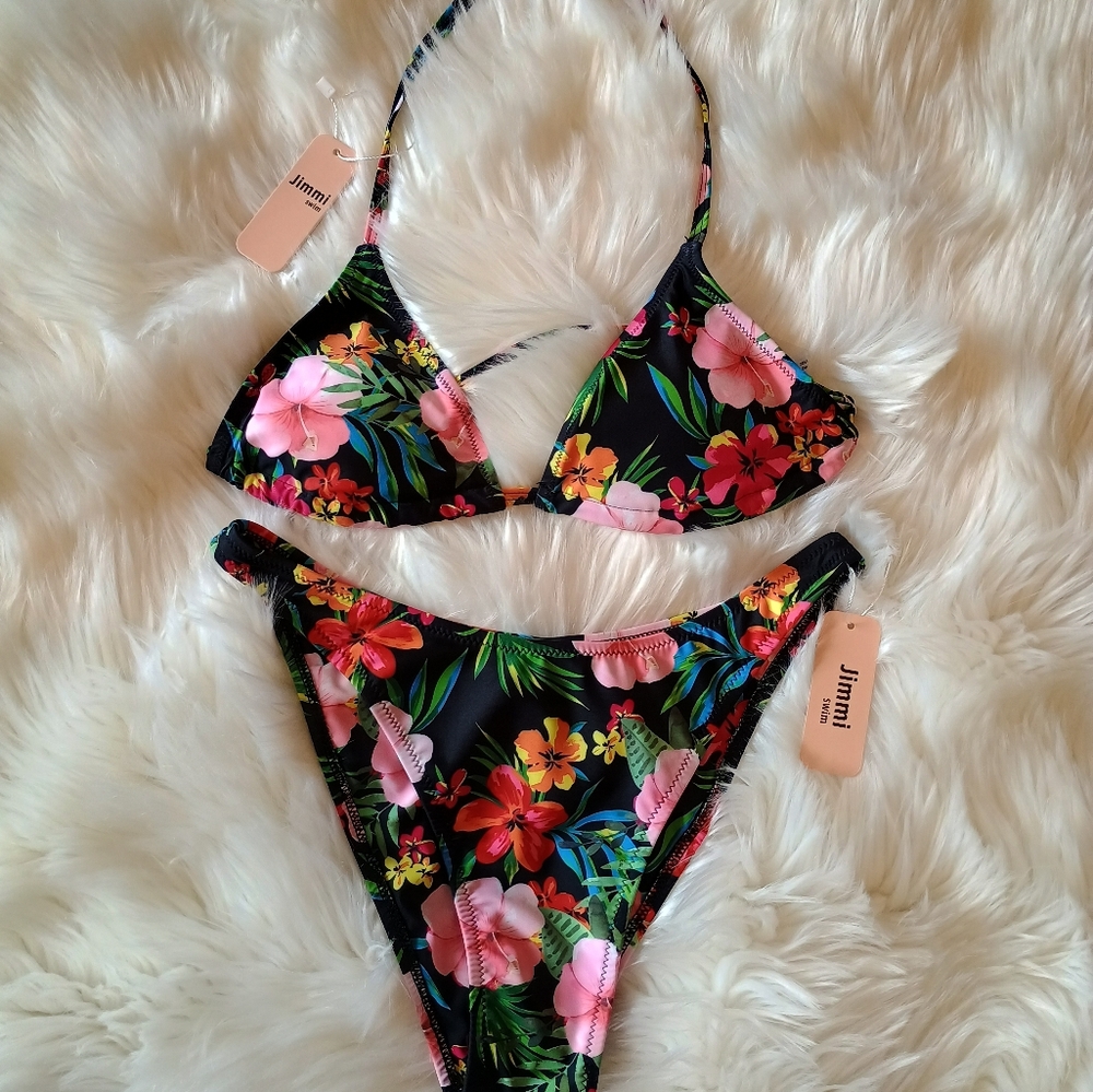 Jimmi swim Floral Black Bikini Set - Pink & Green Tropical Print